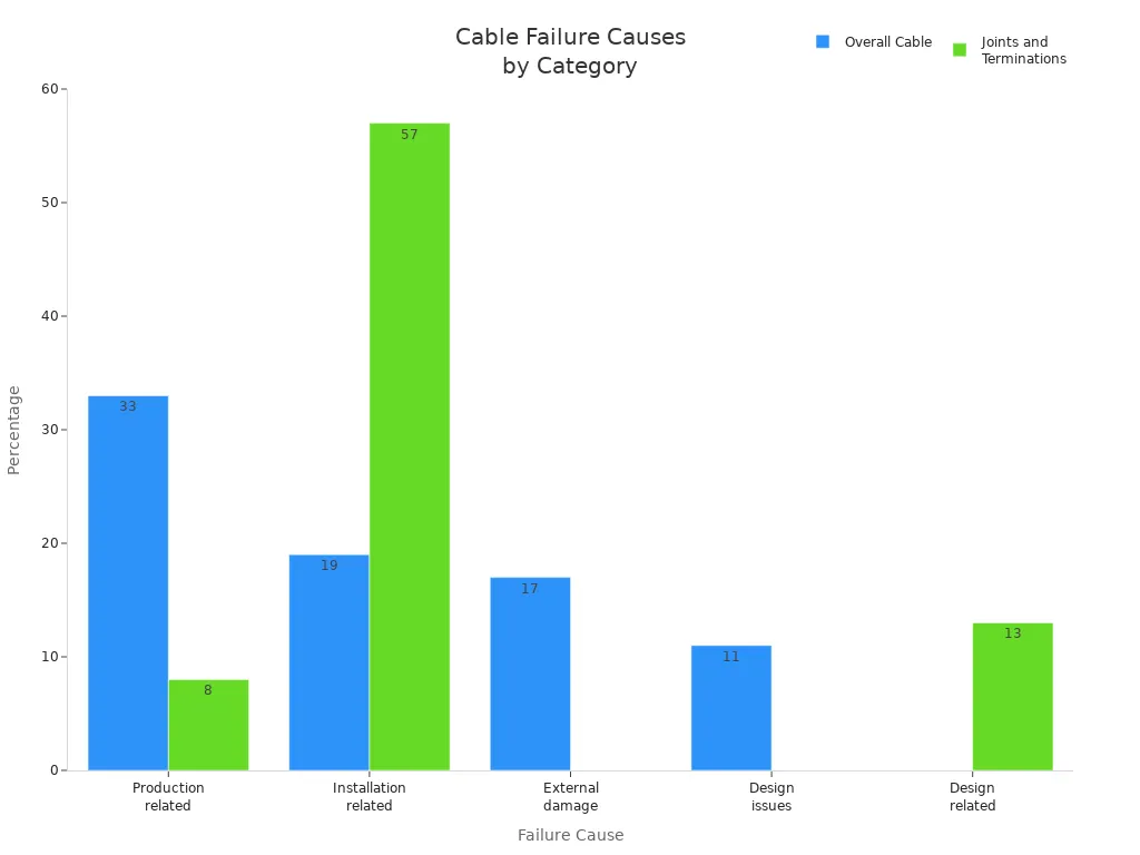 Grouped bar chart showing percentages of cable installation failure causes for overall cables and for joints and terminations